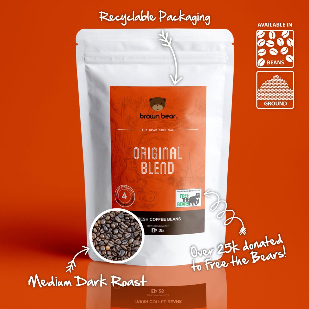 Original Blend Espresso Coffee, Strength 4, Medium Dark Roast - Brown Bear Coffee